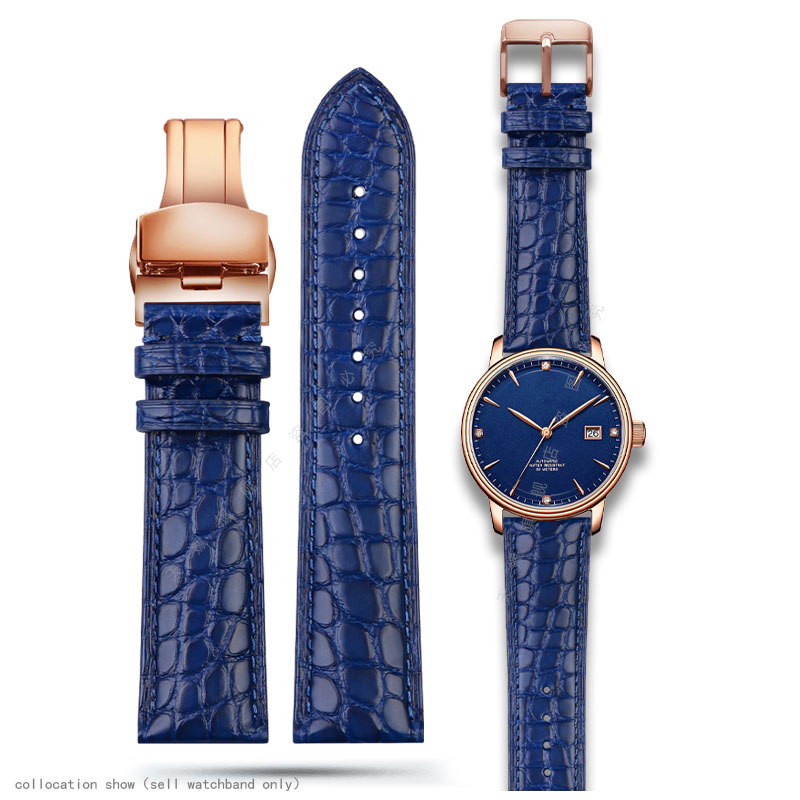 Butterfly Clasp Deployant - Bracelet Crocodile en cuir bleu souple